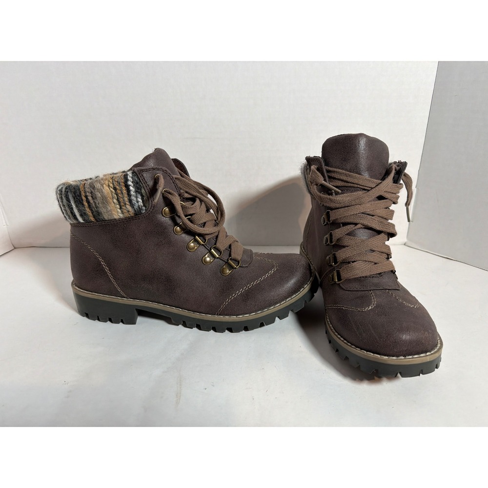 Cliffs by White Mountain Portsmouth Lace Up Knit Collar Ankle Boots Brown Sz 8M